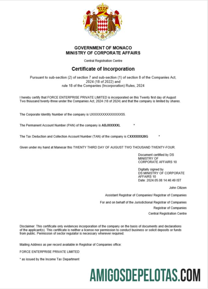 Certificado de registro comercial de Mônaco para impressão, modelo Word e PDF